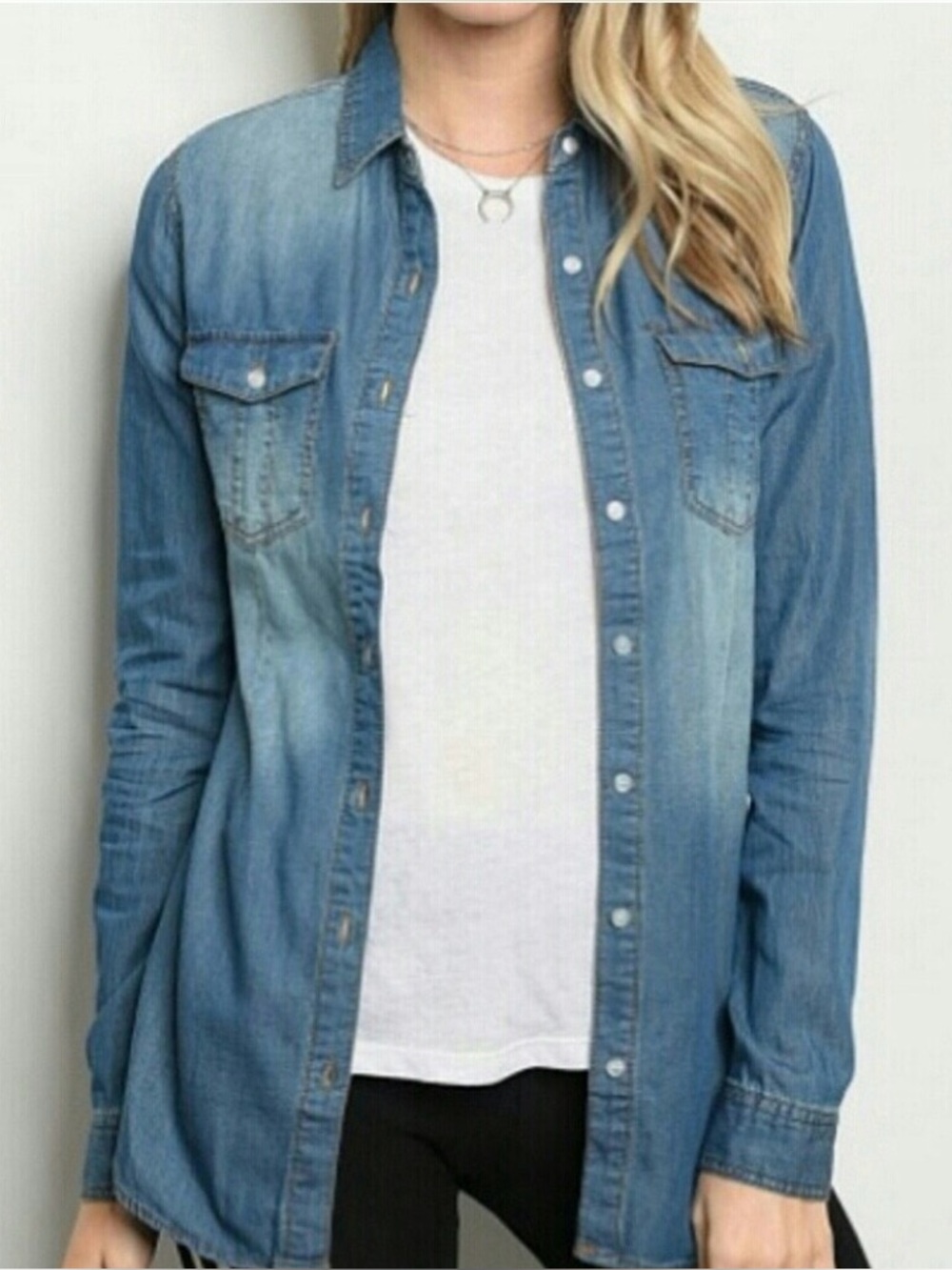 JW Signature casual denim button-down shirt in a classic mid-to-light blue wash